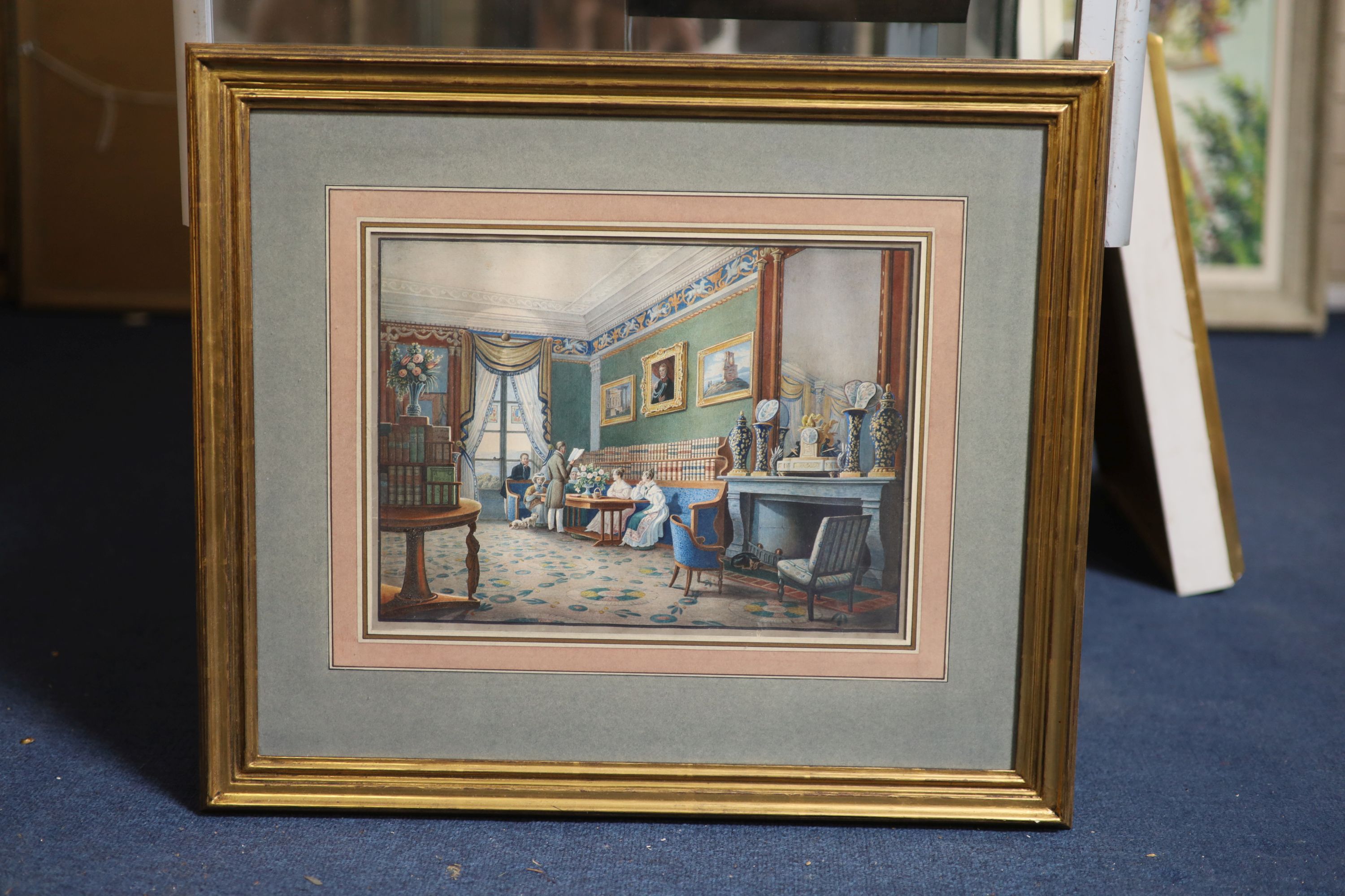 Early Victorian School , Library interior with gentleman reading to onlookers and ornate clock and vases upon the hearth, watercolour on paper, 24 x 33cm